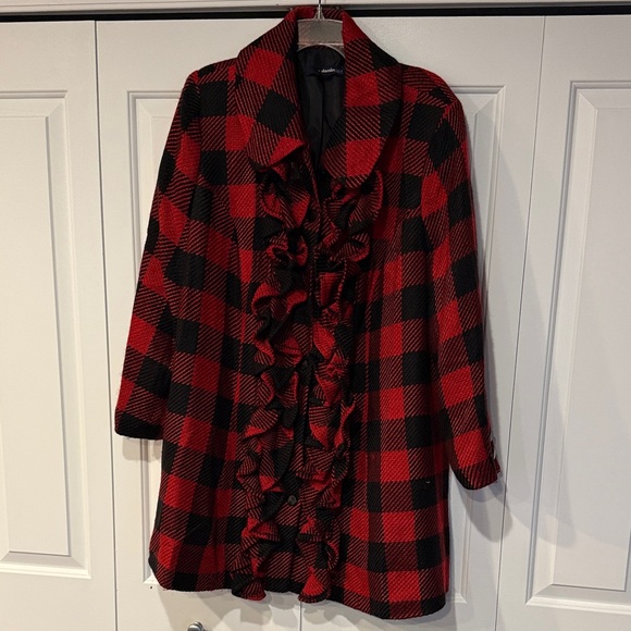 Denim 24/7 Red and Black Plaid Pea Coat - Picture 2 of 9